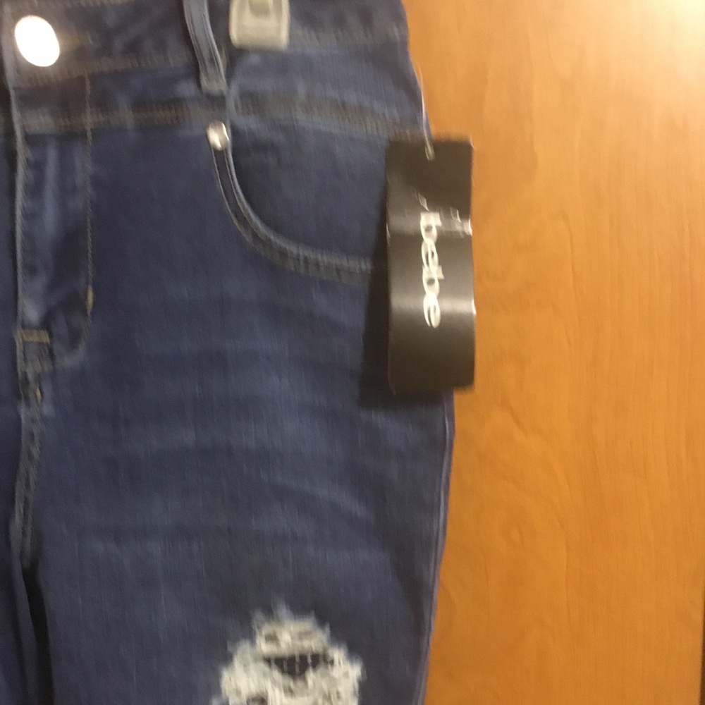 Bebe Destroyed Distressed Rhinestone Dark Wash Blue Skinny Jeans 30 - Picture 7 of 11